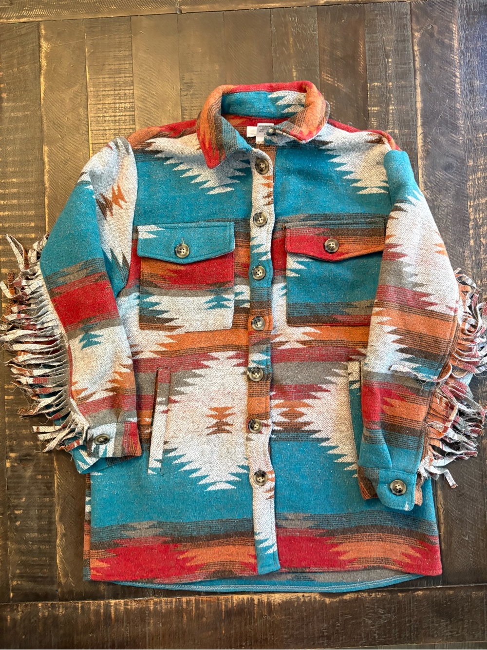 L.I.F.E. Southwestern Geometric Aztec Fringe Shacket Jacket Button-Front Pockets